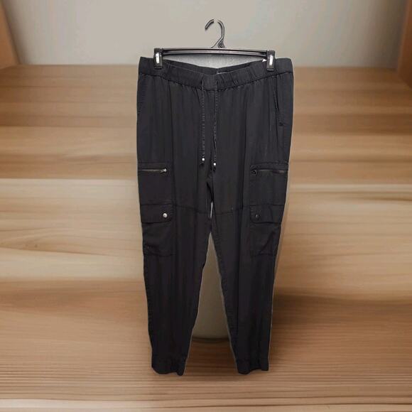 BANANA REPUBLIC Lyocell Cargo Jogger Pants Women Black Pull On Drawstring Large - Picture 1 of 11